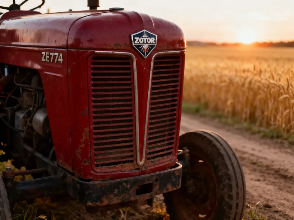 Czerwony ciągnik Zetor 7745 na polu pszenicy podczas zachodu słońca. Zbliżenie na charakterystyczną maskę i logo maszyny.