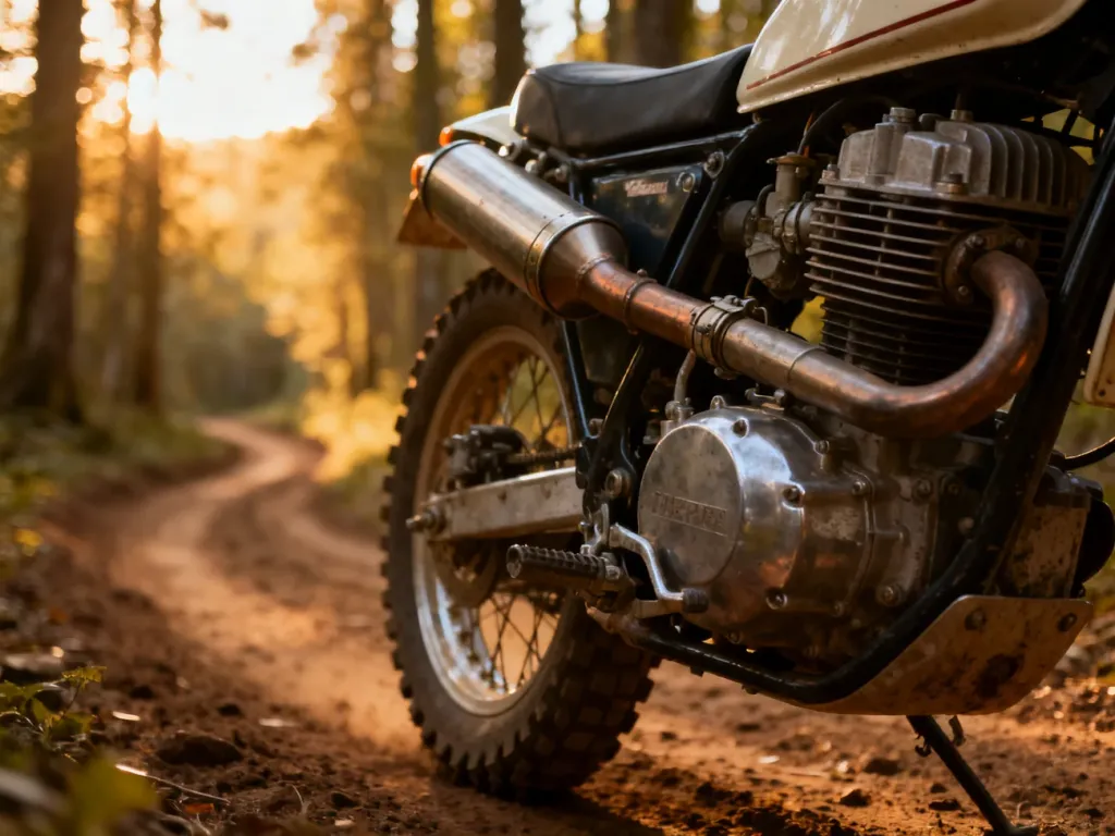 Zbliżenie na silnik i układ wydechowy klasycznego motocykla enduro na tle leśnej ścieżki w promieniach zachodzącego słońca.