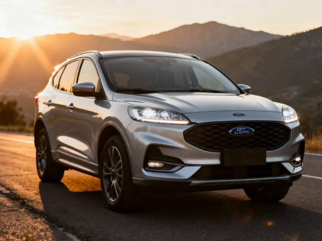 Srebrny Ford Kuga zaparkowany na asfalcie o zachodzie słońca na tle górskiego krajobrazu.