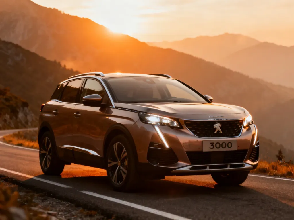 Nowoczesny Peugeot 3008 zaparkowany na górskiej drodze podczas zachodu słońca, prezentujący swój dynamiczny design.
