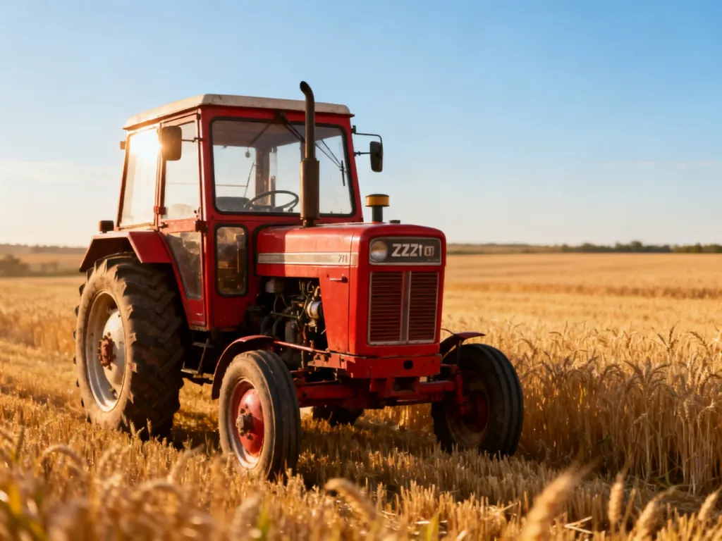 Czerwony ciągnik Zetor 7211 zaparkowany na polu dojrzałej pszenicy w promieniach zachodzącego słońca.