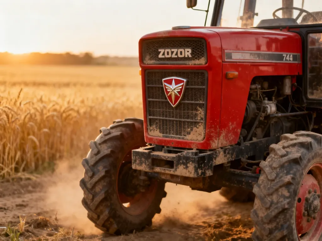 Czerwony ciągnik Zetor 7245 zaparkowany na polu pszenicy w promieniach zachodzącego słońca.
