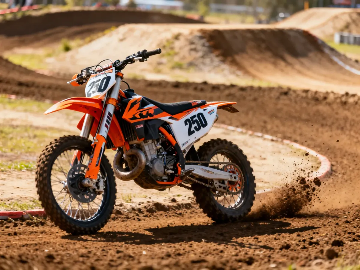 Motocrossowy KTM SX-F 250 na torze ziemnym podczas pokonywania zakrętu