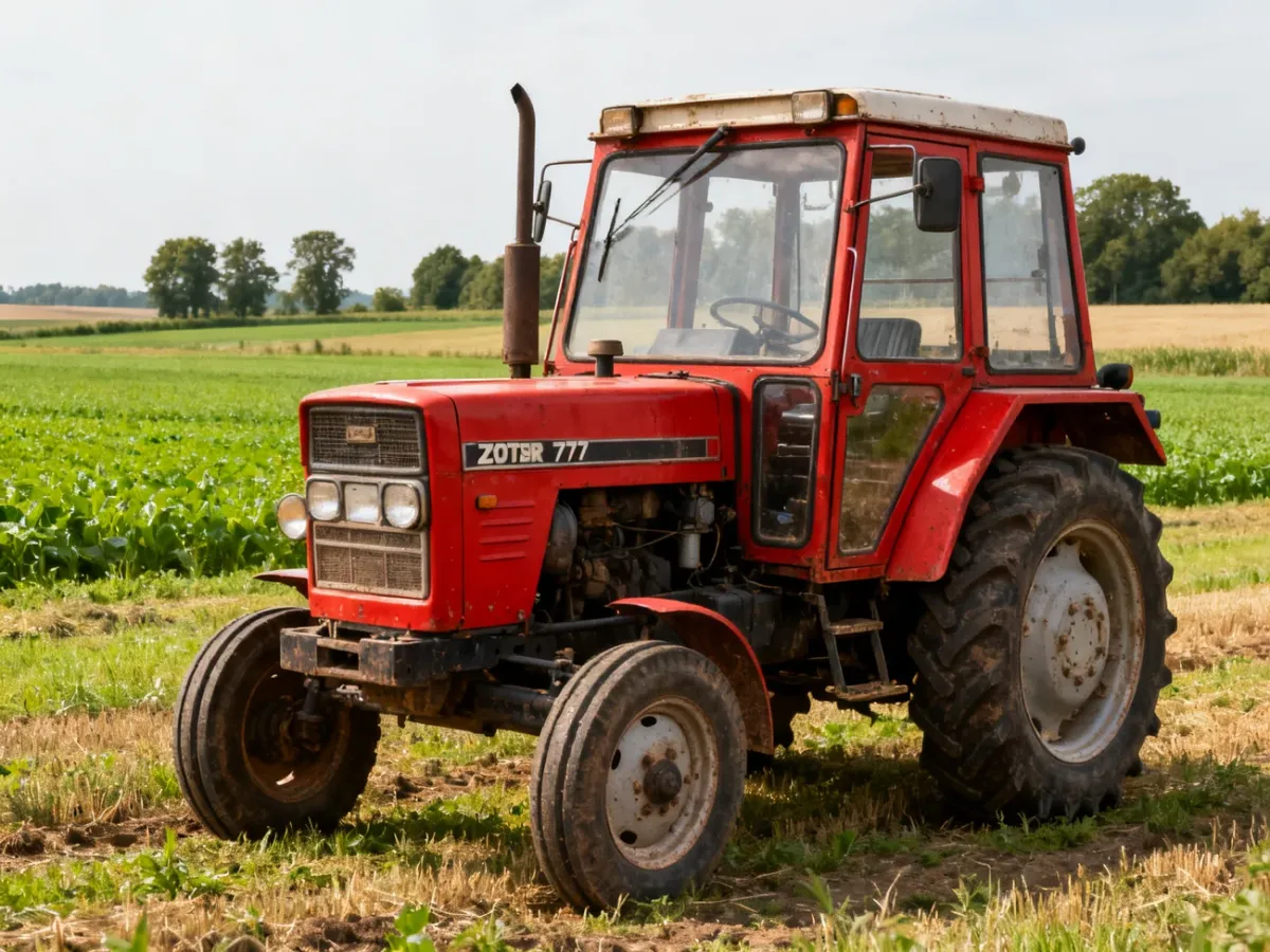 Czerwony ciągnik Zetor 7745 stojący na polu