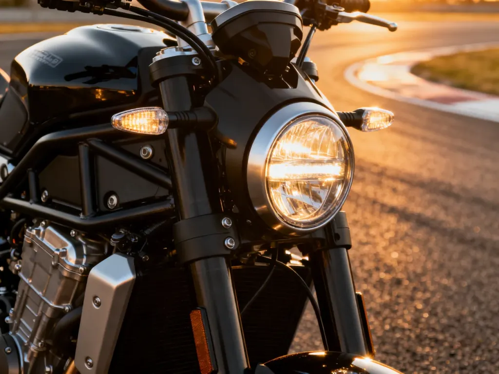 Zbliżenie na silnik i przednie oświetlenie motocykla Yamaha MT-09 w świetle zachodzącego słońca.
