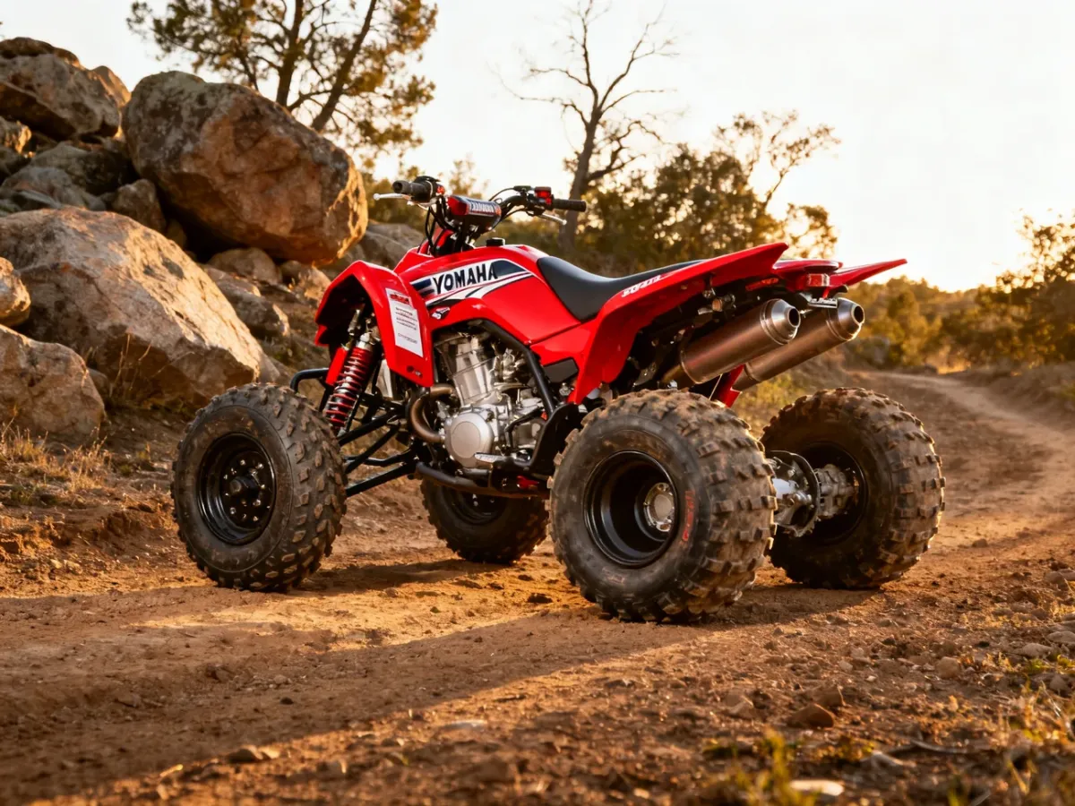 Czerwony quad Yamaha Raptor 700 na kamienistej trasie terenowej