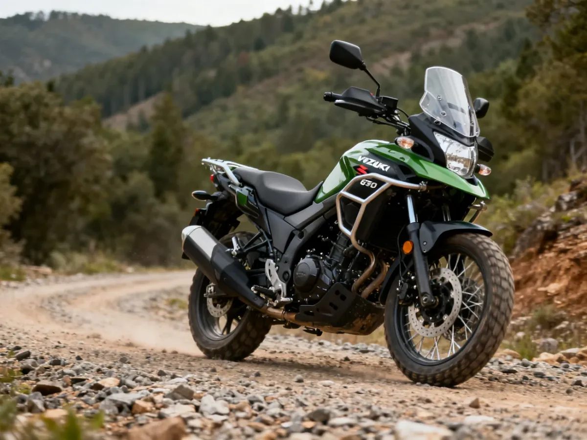 Suzuki V-Strom 650 XT na szutrowej drodze z kołami szprychowymi