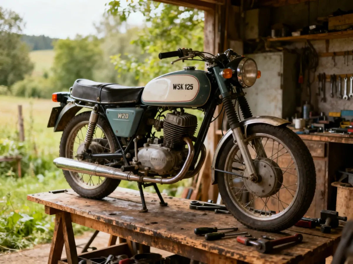 Zabytkowy motocykl WSK 125 na tle wiejskiego warsztatu