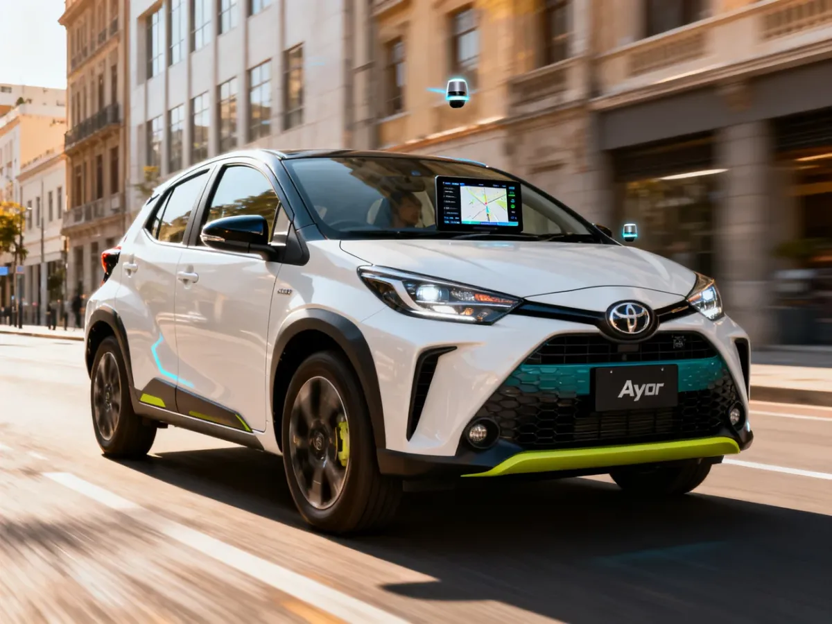 Toyota Aygo X Hybrid jadąca po mieście z nowoczesnym wyposażeniem