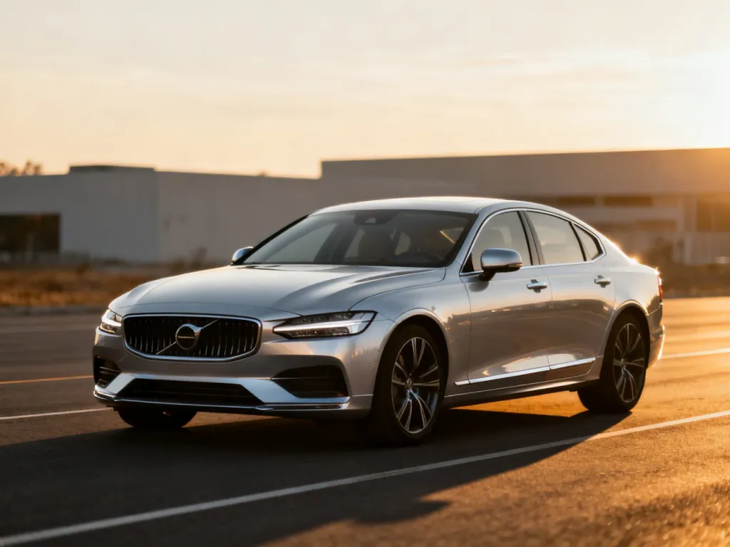 Srebrna Mazda 6 zaparkowana na pustej drodze w świetle zachodzącego słońca, podkreślająca aerodynamiczną sylwetkę auta.