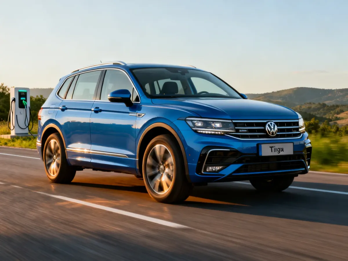 Volkswagen Tiguan podczas jazdy z widoczną infrastrukturą ładowania