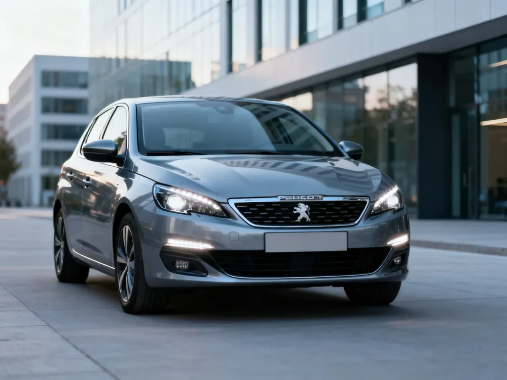 Nowoczesny Peugeot 308 zaparkowany na tle minimalistycznego biurowca, prezentujący charakterystyczne światła LED.
