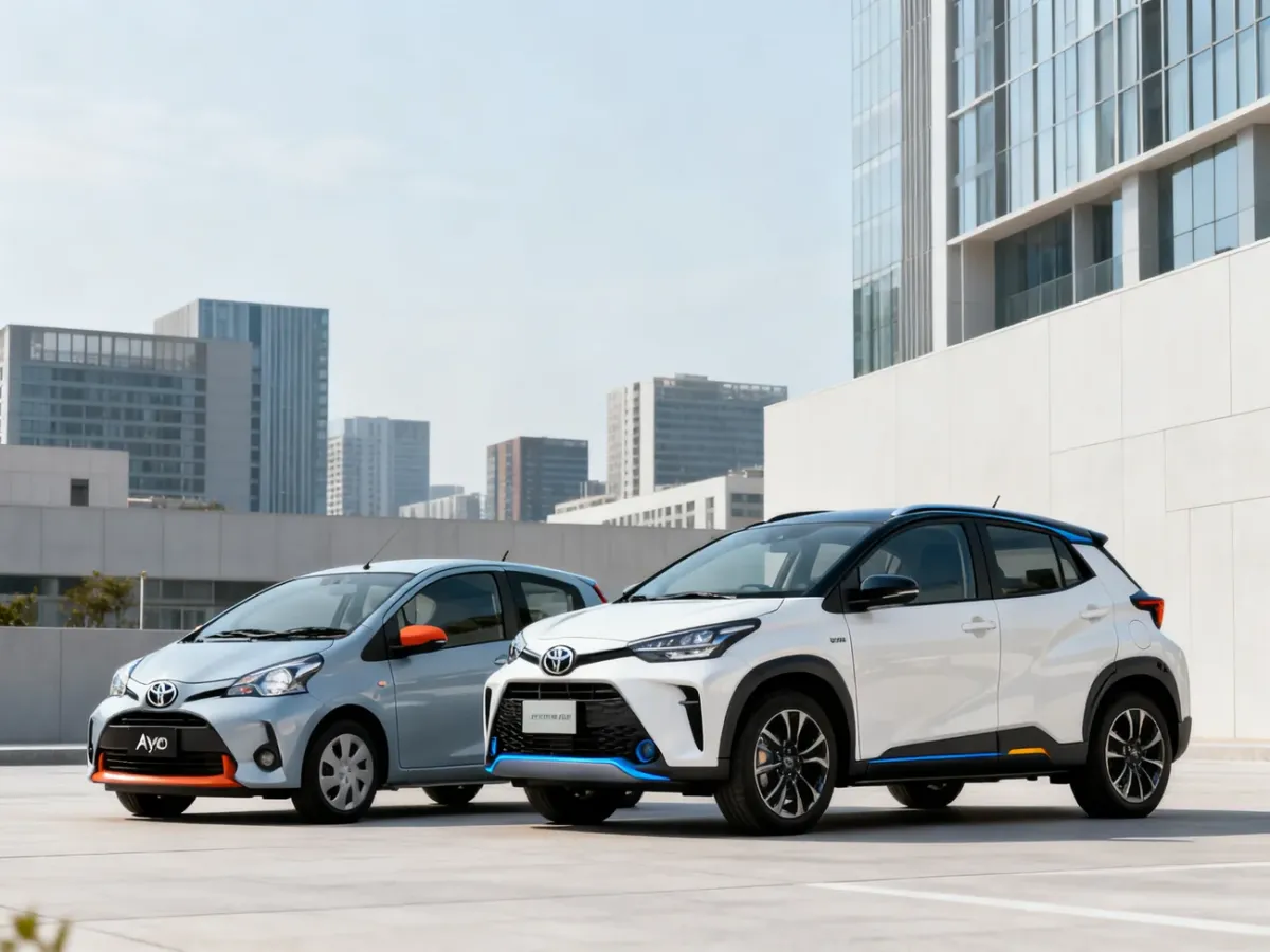 Klasyczna Toyota Aygo i większa Toyota Aygo X Hybrid zaparkowane obok siebie