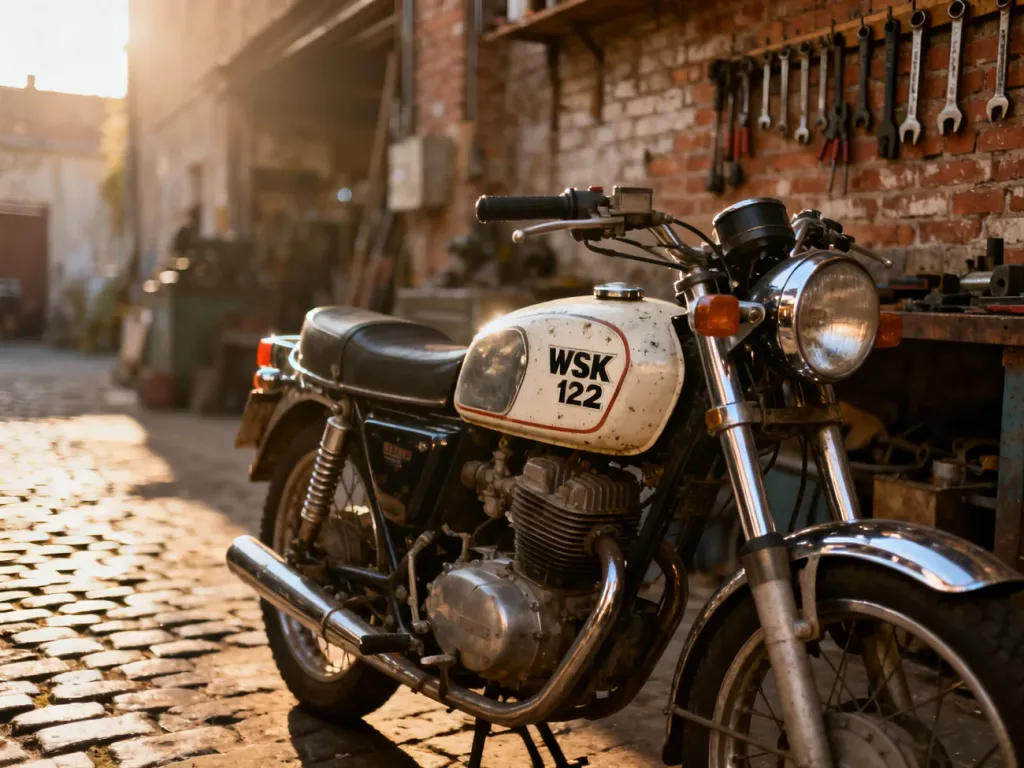 Zabytkowy motocykl WSK 125 zaparkowany na brukowanej ulicy, ukazujący detale silnika i zbiornika paliwa w świetle poranka.