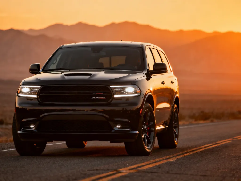 Nowoczesny Dodge Durango zaparkowany na tle górskiego krajobrazu podczas zachodu słońca.
