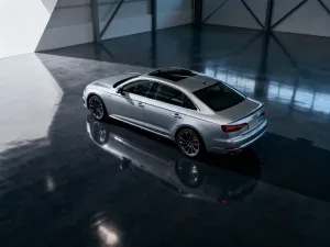 Srebrna Skoda Octavia zaparkowana na drodze w świetle zachodzącego słońca, podkreślającym nowoczesną linię nadwozia.