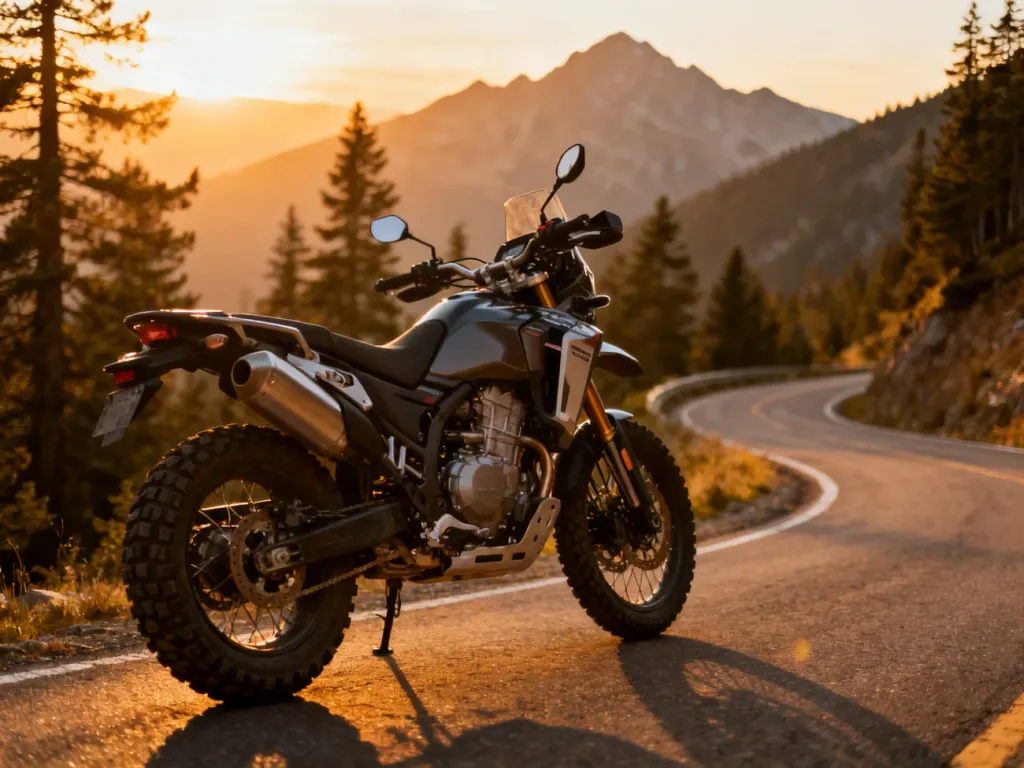 Suzuki V-Strom 650 zaparkowane na krętej górskiej drodze w świetle zachodzącego słońca.