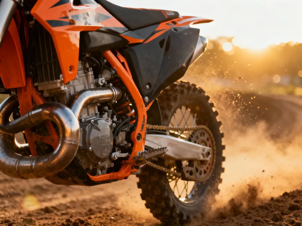 Zbliżenie na silnik motocykla crossowego Yamaha YZ 85 z widocznymi detalami konstrukcyjnymi na tle piaszczystego toru.