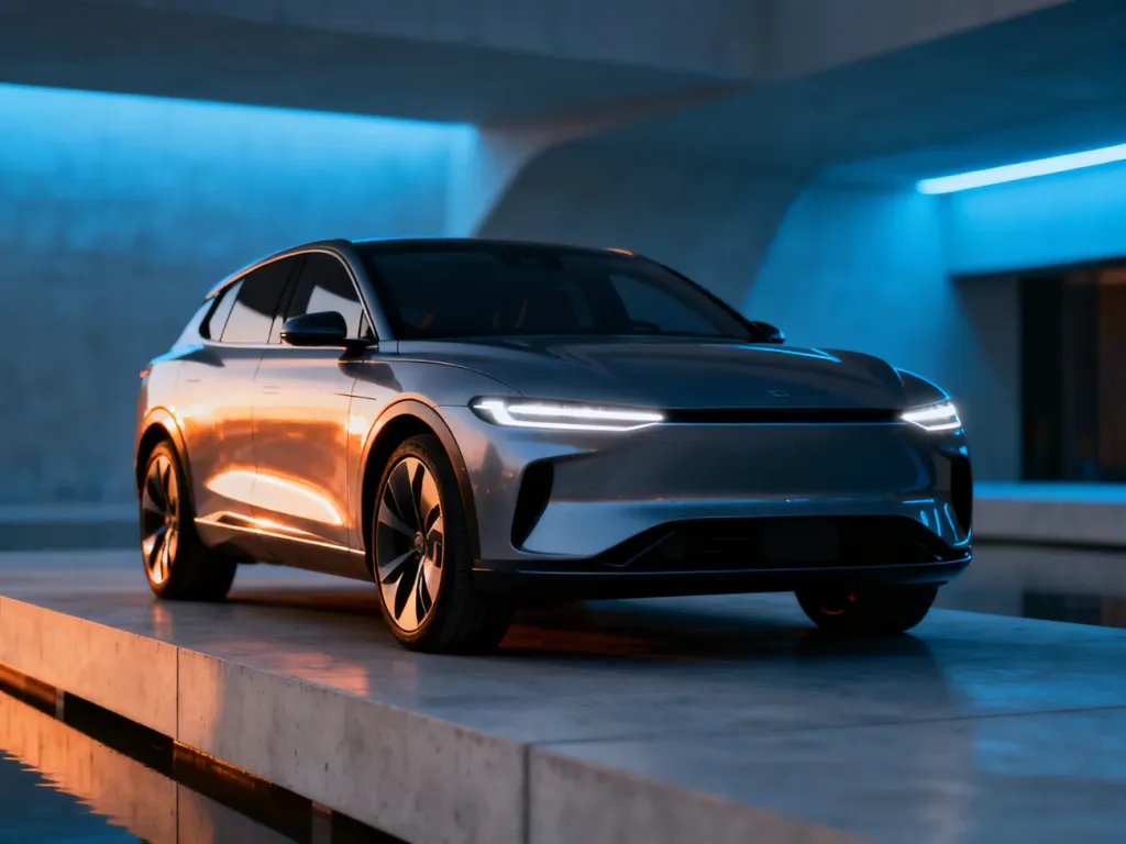 Nowoczesny SUV Omoda 9 o aerodynamicznej sylwetce i futurystycznych reflektorach LED zaparkowany na minimalistycznej platformie.