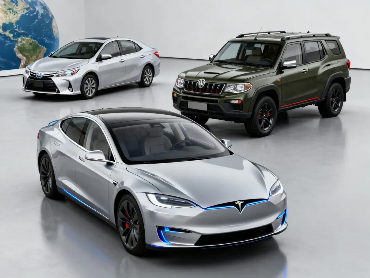 Nowoczesne samochody Toyoty, Tesli i Tata Motors w aranżacji motoryzacyjnej