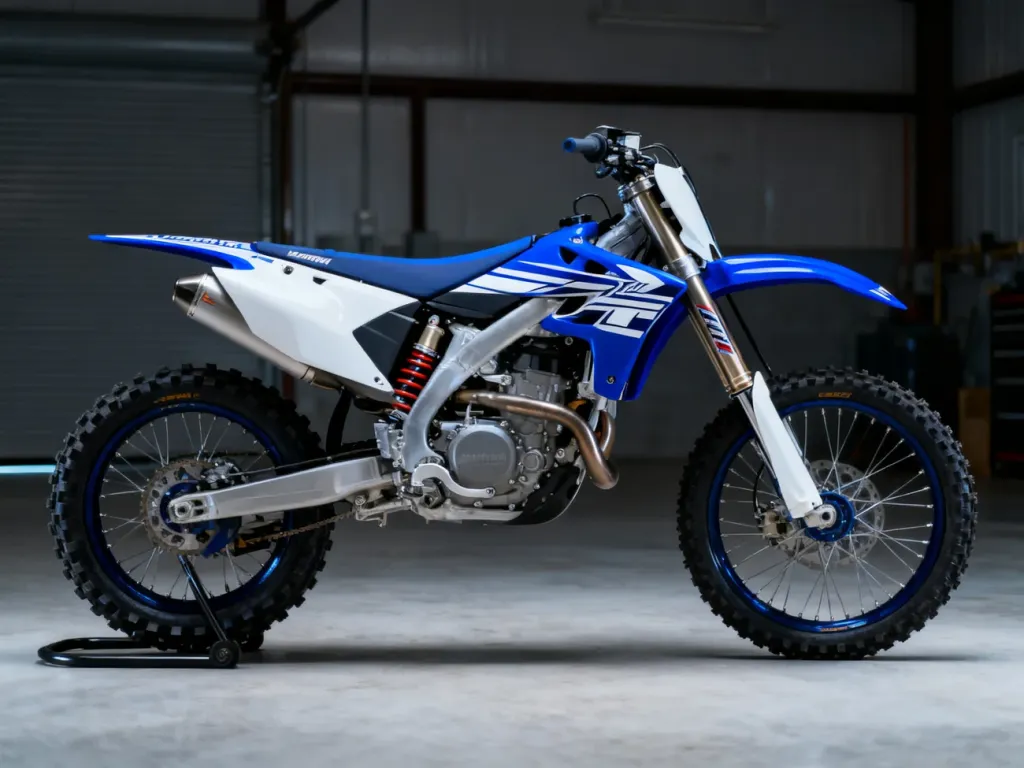 Niebiesko-biały motocykl crossowy Yamaha YZ 125 w profesjonalnym ujęciu studyjnym z boku.