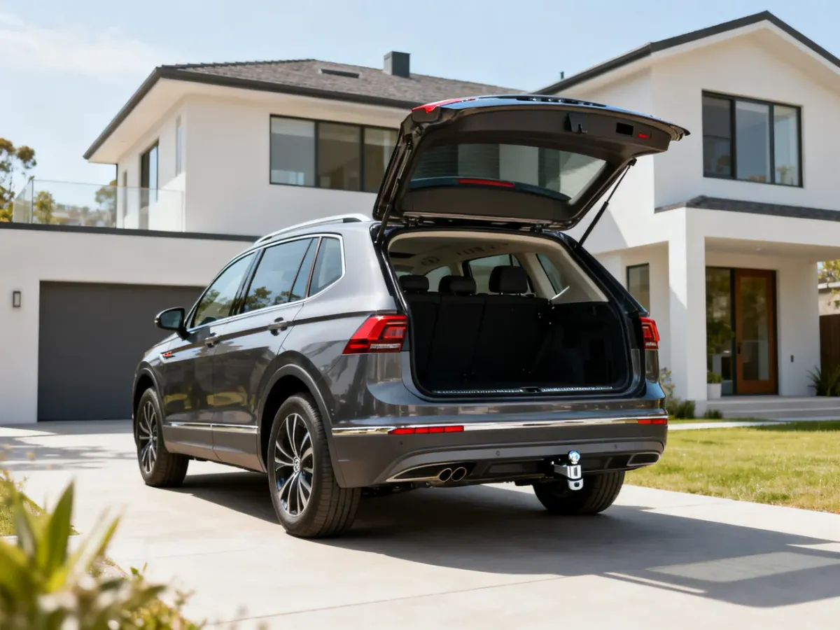 Volkswagen Tiguan z otwartą klapą bagażnika przed domem