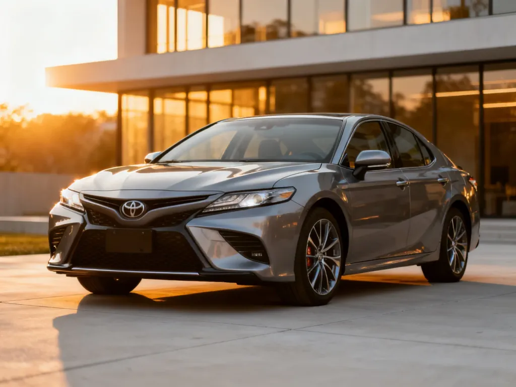 Nowoczesna Toyota Camry zaparkowana na podjeździe w świetle zachodzącego słońca, podkreślającym aerodynamiczną sylwetkę auta.