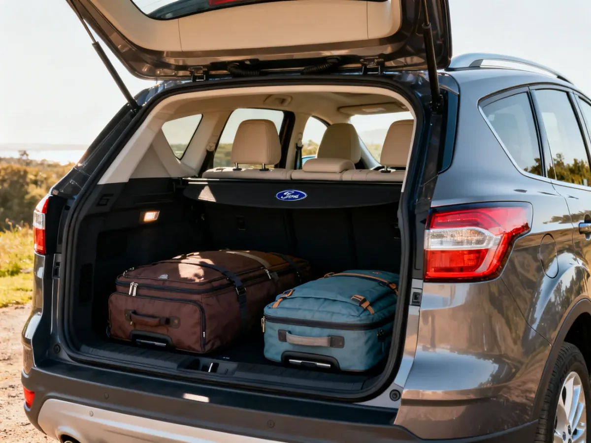 Ford Kuga z otwartą klapą bagażnika i bagażami