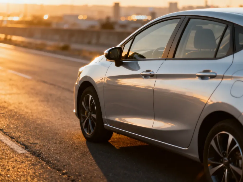 Srebrny Ford Focus zaparkowany na asfalcie w świetle zachodzącego słońca, podkreślającym aerodynamiczną sylwetkę auta.