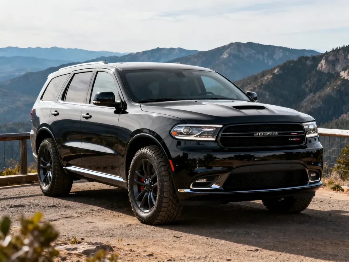 Duży SUV Dodge Durango na tle górskiego krajobrazu