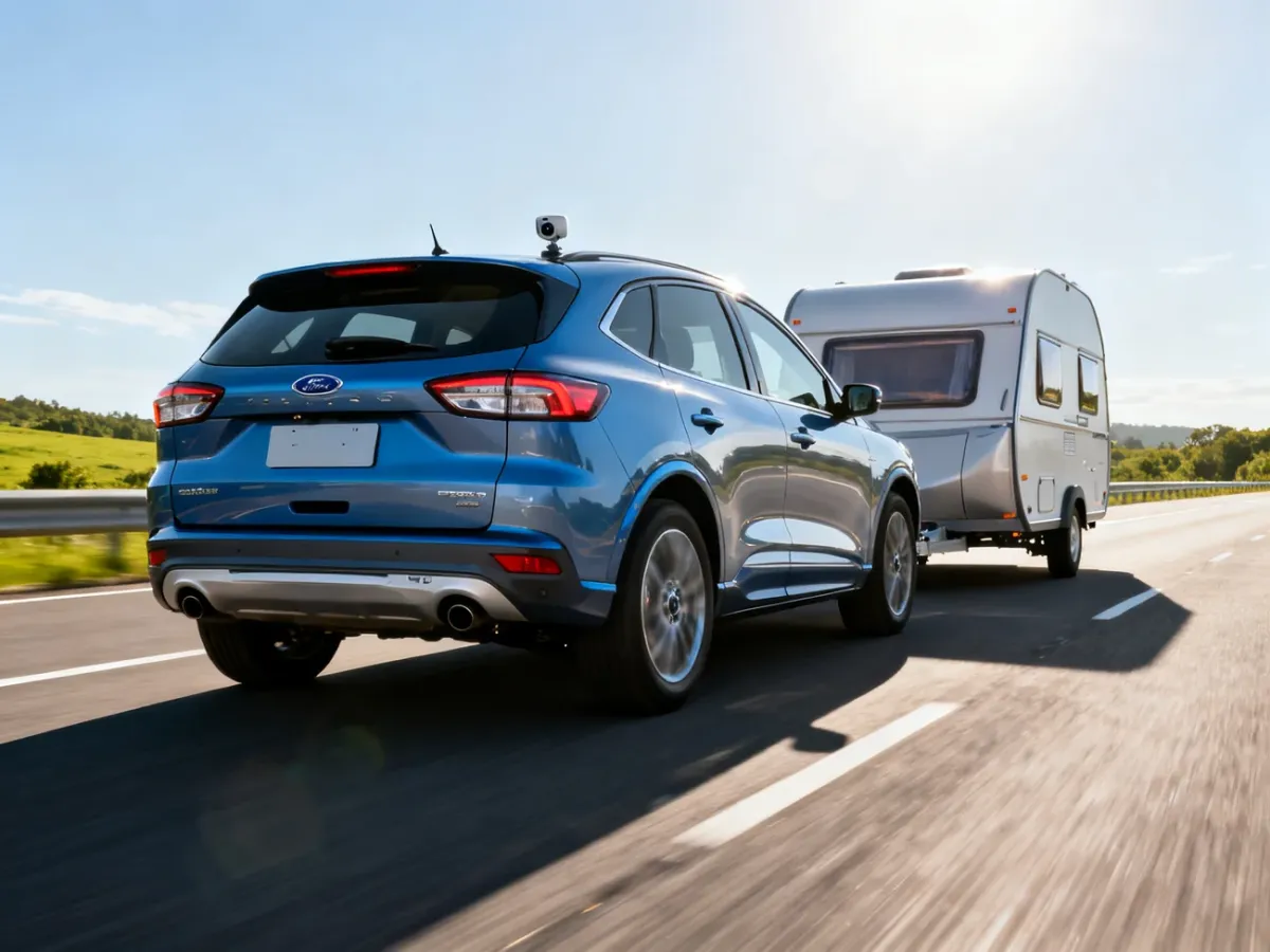 Ford Kuga holujący przyczepę na autostradzie