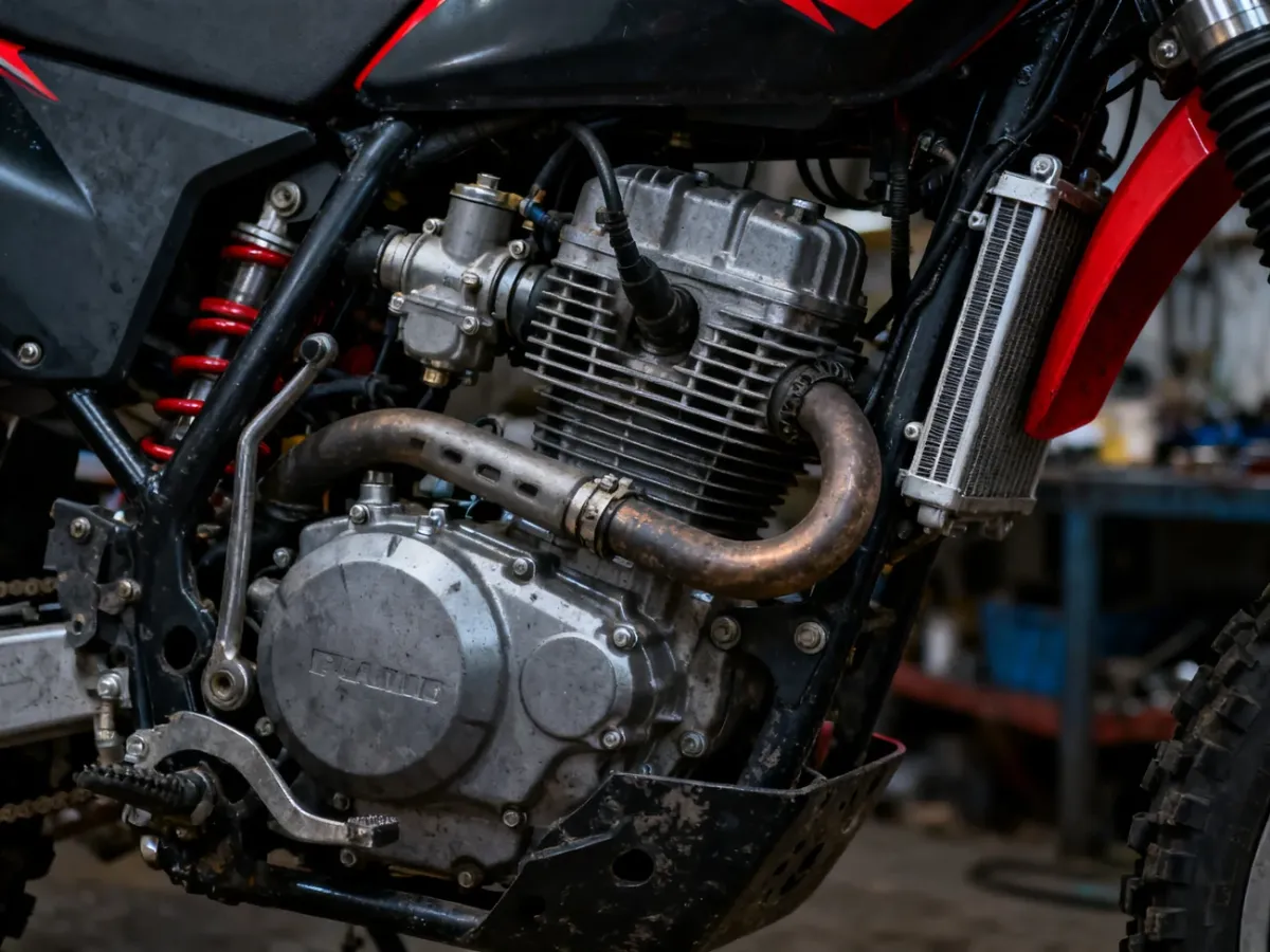Zbliżenie na silnik i układ chłodzenia motocykla enduro