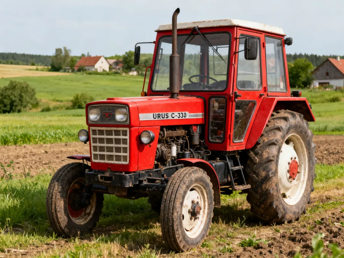 Czerwony ciągnik Ursus C-330 na polu w wiejskim gospodarstwie