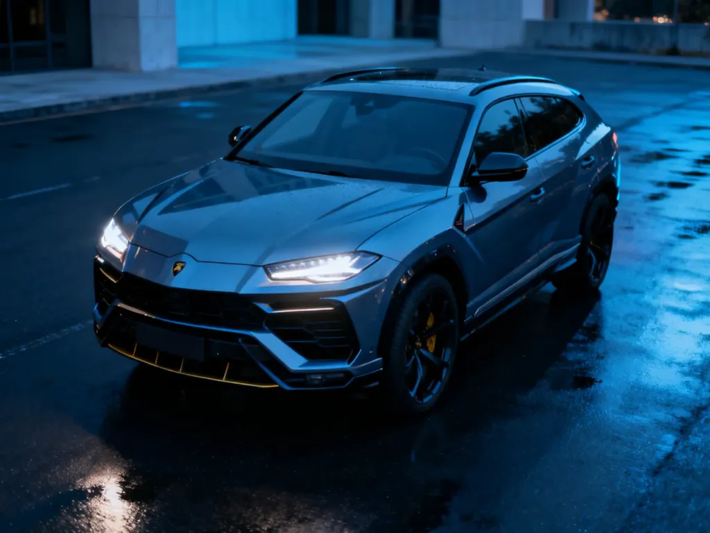 Nowoczesny Cupra Formentor zaparkowany na mokrym asfalcie o zmierzchu, podkreślający agresywną stylistykę i światła LED.