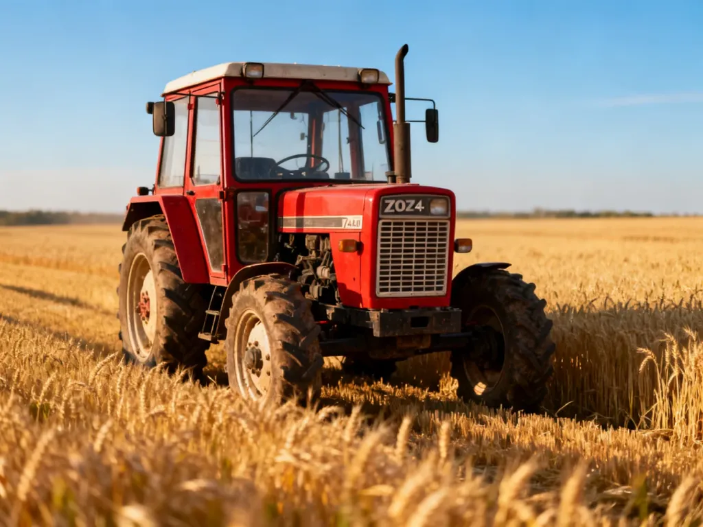 Czerwony ciągnik Zetor 7245 zaparkowany na polu dojrzałej pszenicy w promieniach popołudniowego słońca.