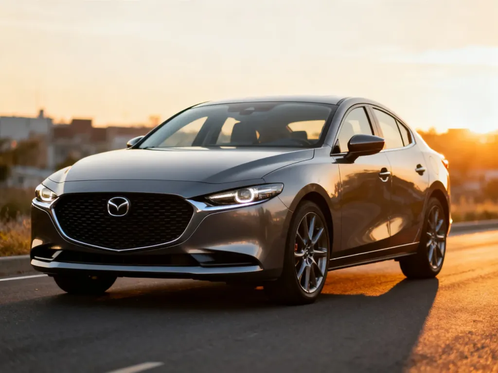 Nowoczesna Mazda 3 zaparkowana na asfalcie podczas zachodu słońca, podkreślająca aerodynamiczną sylwetkę i design przodu.