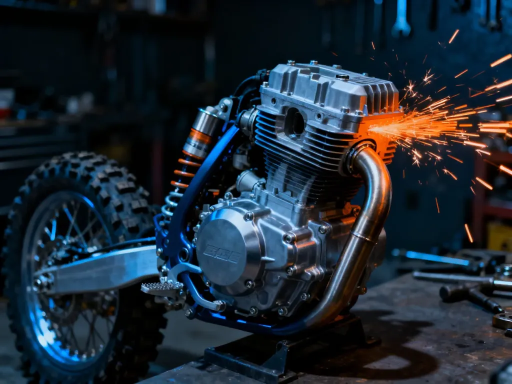 Zbliżenie na silnik i układ wydechowy motocykla typu dirt bike, podkreślające jego mechaniczną precyzję i moc.