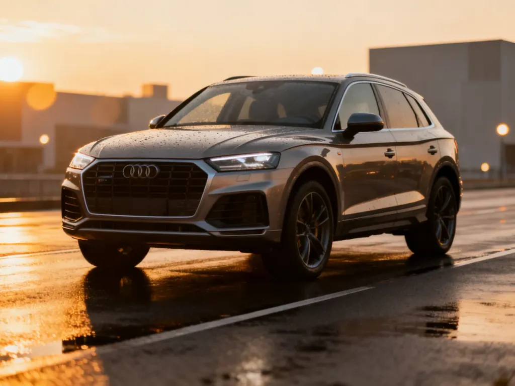 Nowoczesny SUV BMW X3 zaparkowany na mokrym asfalcie o zachodzie słońca, podkreślający dynamiczną sylwetkę pojazdu.