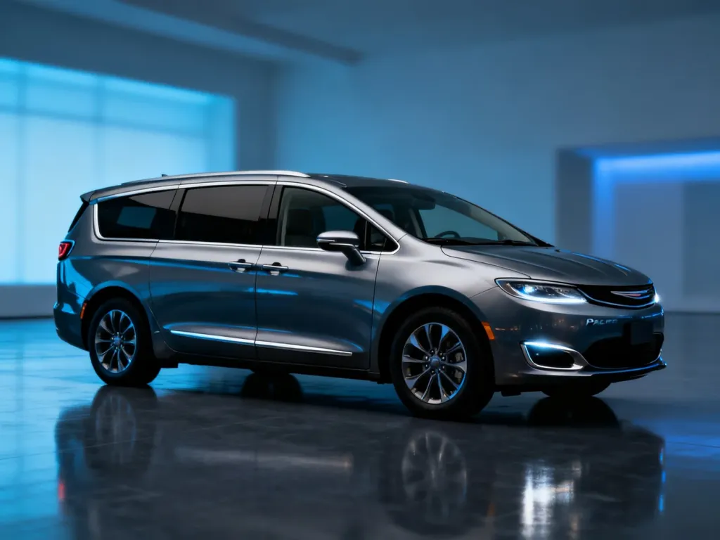 Profil boczny nowoczesnego minivana Chrysler Pacifica w profesjonalnym studiu o minimalistycznym oświetleniu.