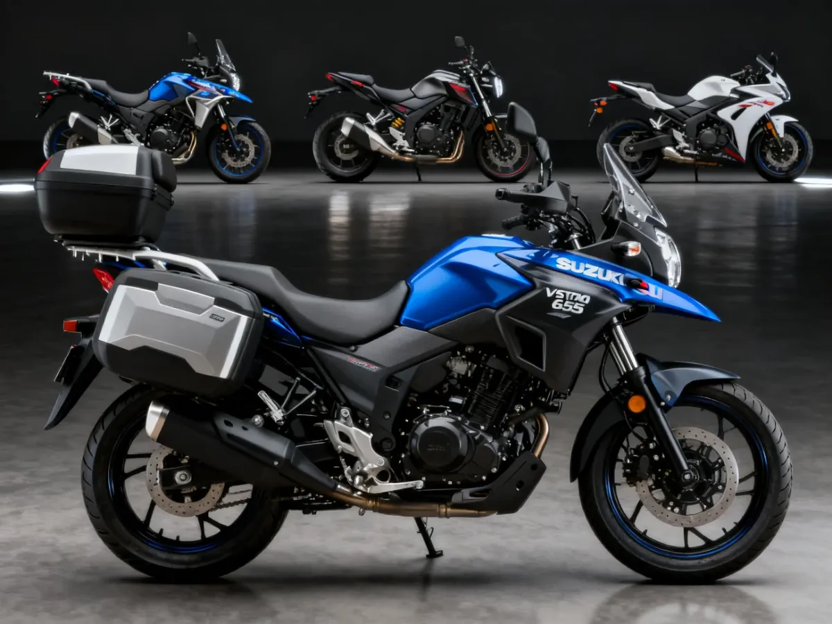 Suzuki V-Strom 650 adventure motorcycle przedstawiony na tle symbolizującym trzy generacje modelu