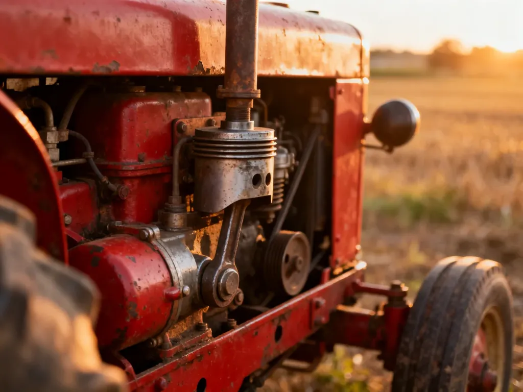 Zbliżenie na silnik ciągnika Massey Ferguson 255 z widocznymi detalami mechanicznymi w świetle zachodzącego słońca.