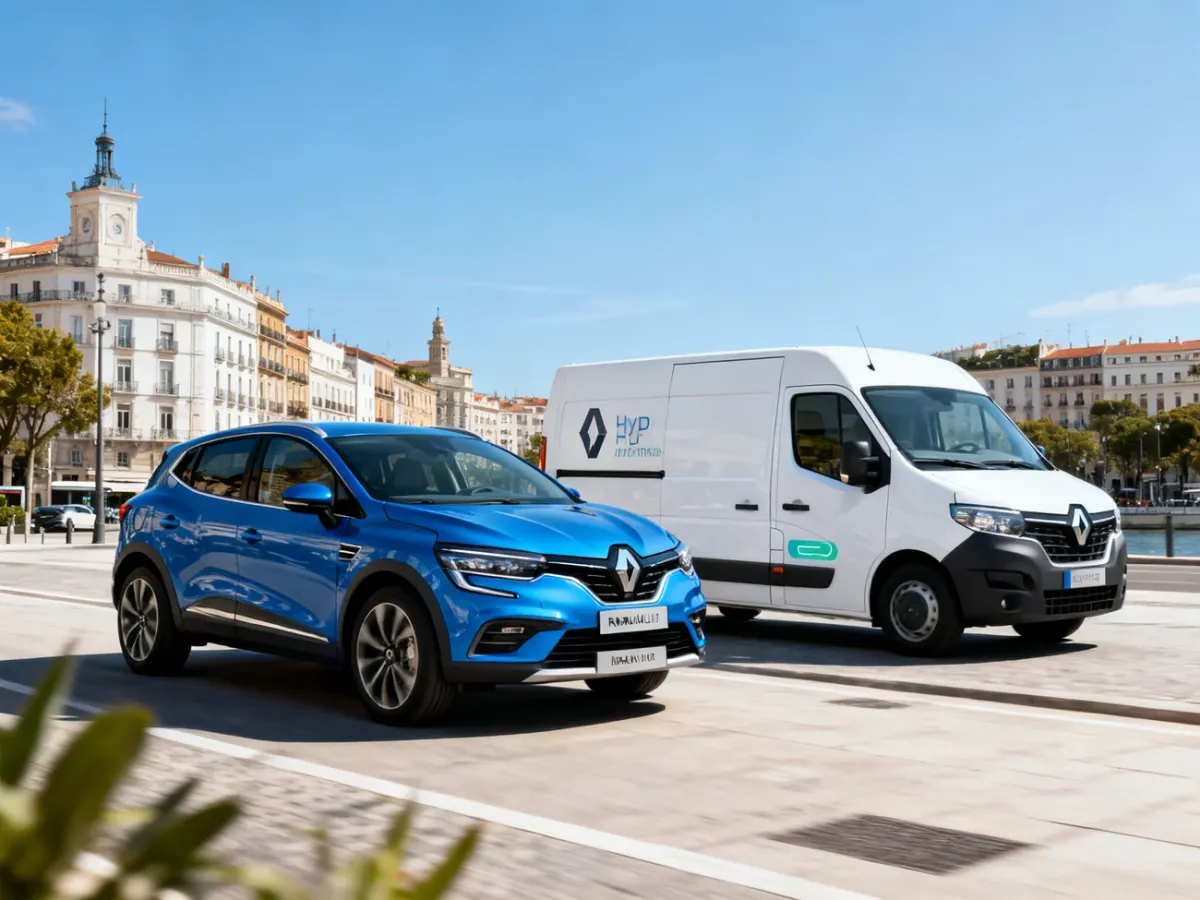 Samochody Renault, w tym auto osobowe i dostawczy Renault Master, na miejskiej ulicy
