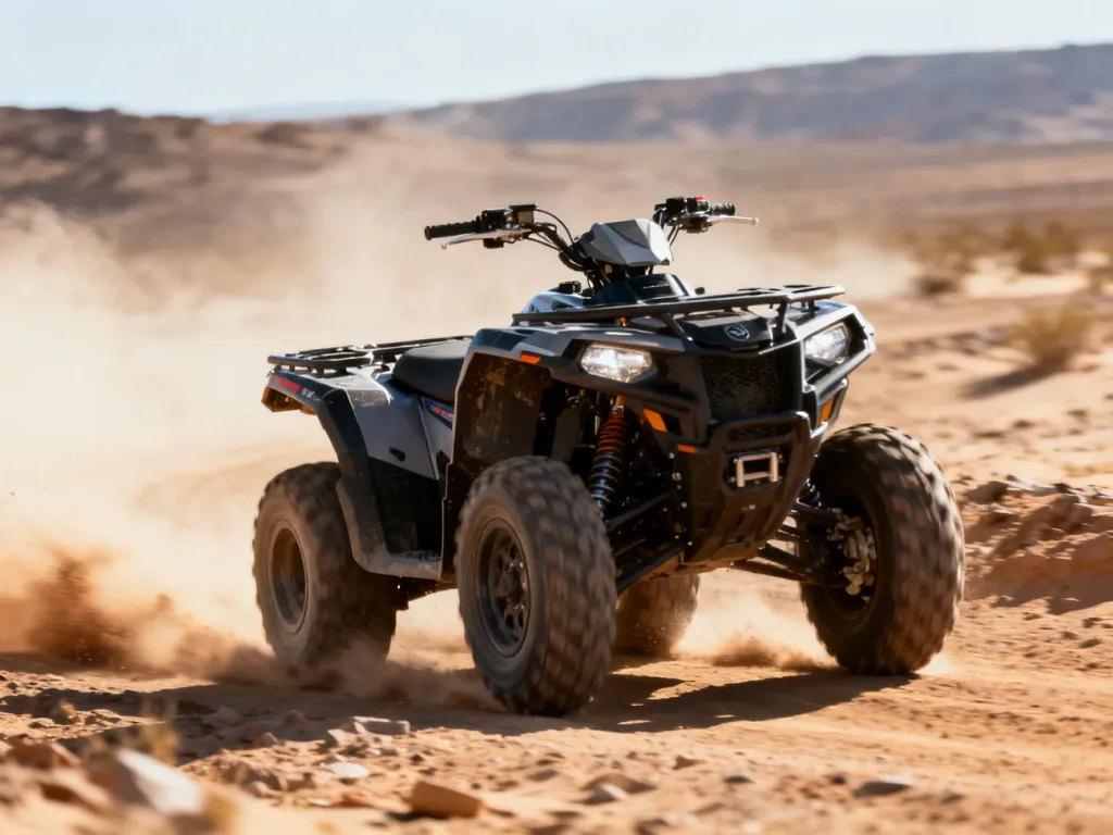 Yamaha Raptor 700 pędząca po piaszczystym terenie, wzbijająca tumany kurzu podczas szybkiej jazdy w trudnych warunkach.