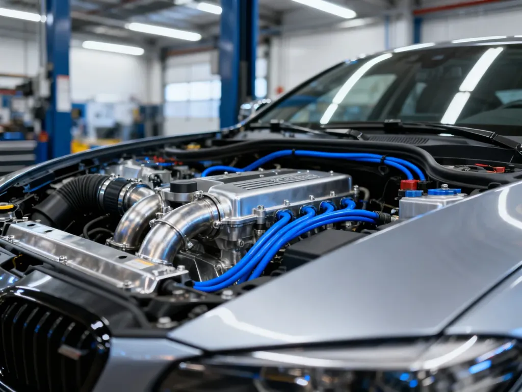 Zbliżenie na nowoczesną komorę silnika Hondy Civic z widocznymi detalami technicznymi i niebieskimi przewodami.