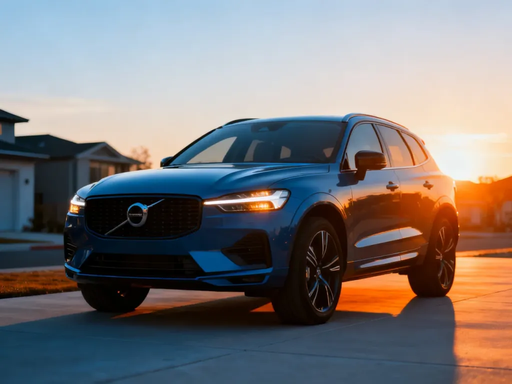Nowoczesny VW Tiguan zaparkowany na podjeździe w świetle zachodzącego słońca, podkreślającym jego dynamiczną sylwetkę.