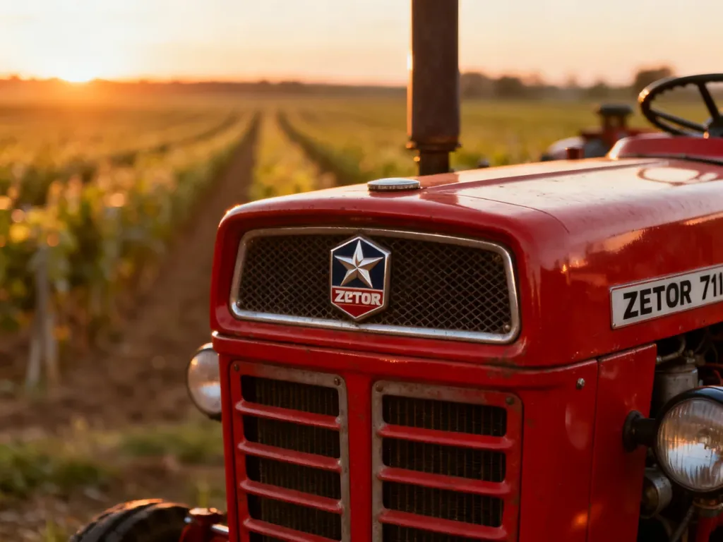 Zbliżenie na czerwoną maskę i silnik ciągnika Zetor 7211 na tle pola w świetle zachodzącego słońca.