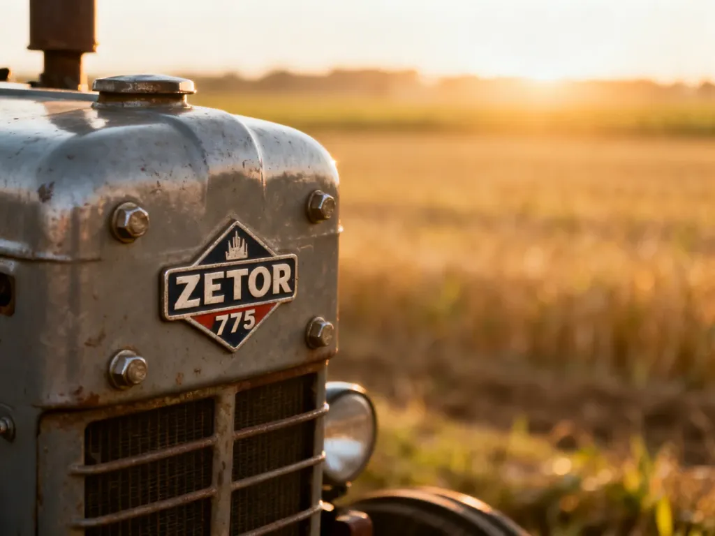 Zbliżenie na silnik ciągnika Zetor 7745 z widocznym logo marki na tle słonecznego pola.