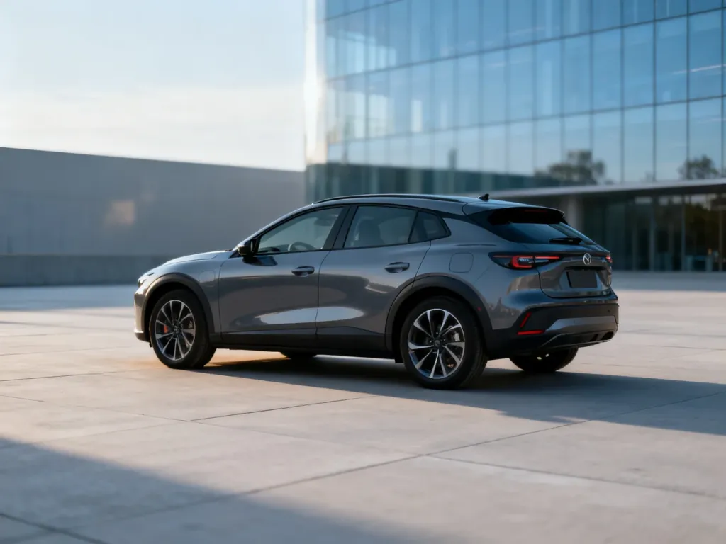 Nowoczesny SUV Volvo XC40 zaparkowany na minimalistycznym placu miejskim, prezentujący swoją aerodynamiczną sylwetkę.