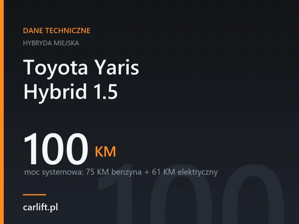 Karta danych technicznych carlift.pl: Toyota Yaris Hybrid 1.5, 100 KM – moc systemowa: 75 KM benzyna + 61 KM elektryczny