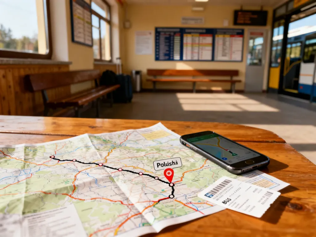 Mapa z zaznaczoną trasą do Bełchatowa obok smartfona z nawigacją i biletu autobusowego, w tle dworzec autobusowy, no text on the picture